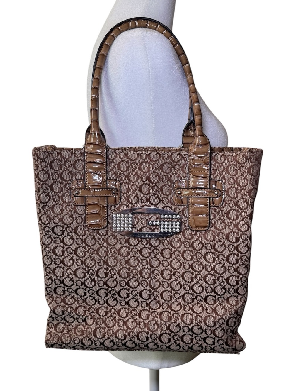 Vintage Y2K Guess Monogram Rhinestone Brown Shoulder Bag